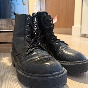 Black Croc-Embossed Combat Boots